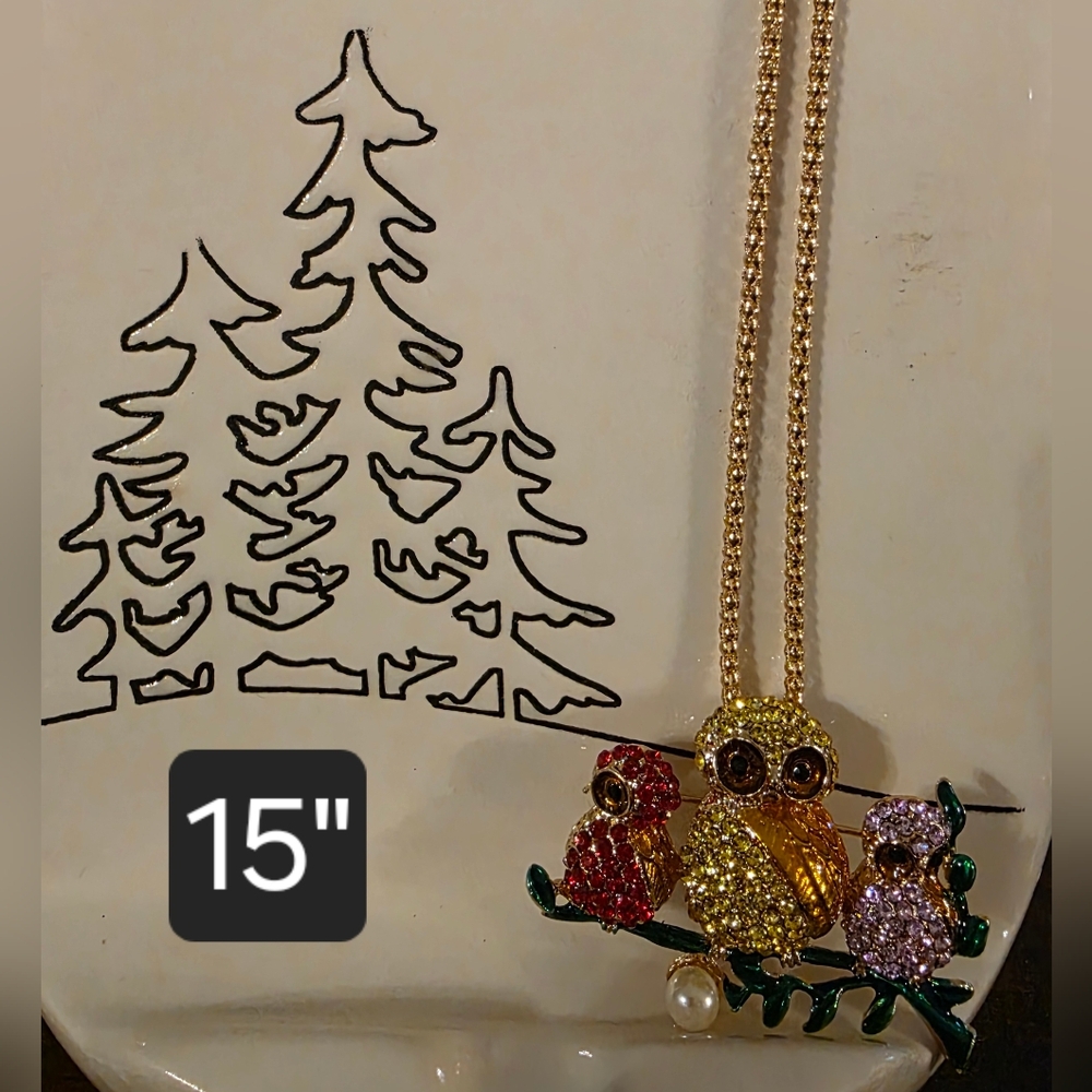 BETSY JOHNSON Colorful Owl Pendant/Brooch Necklace